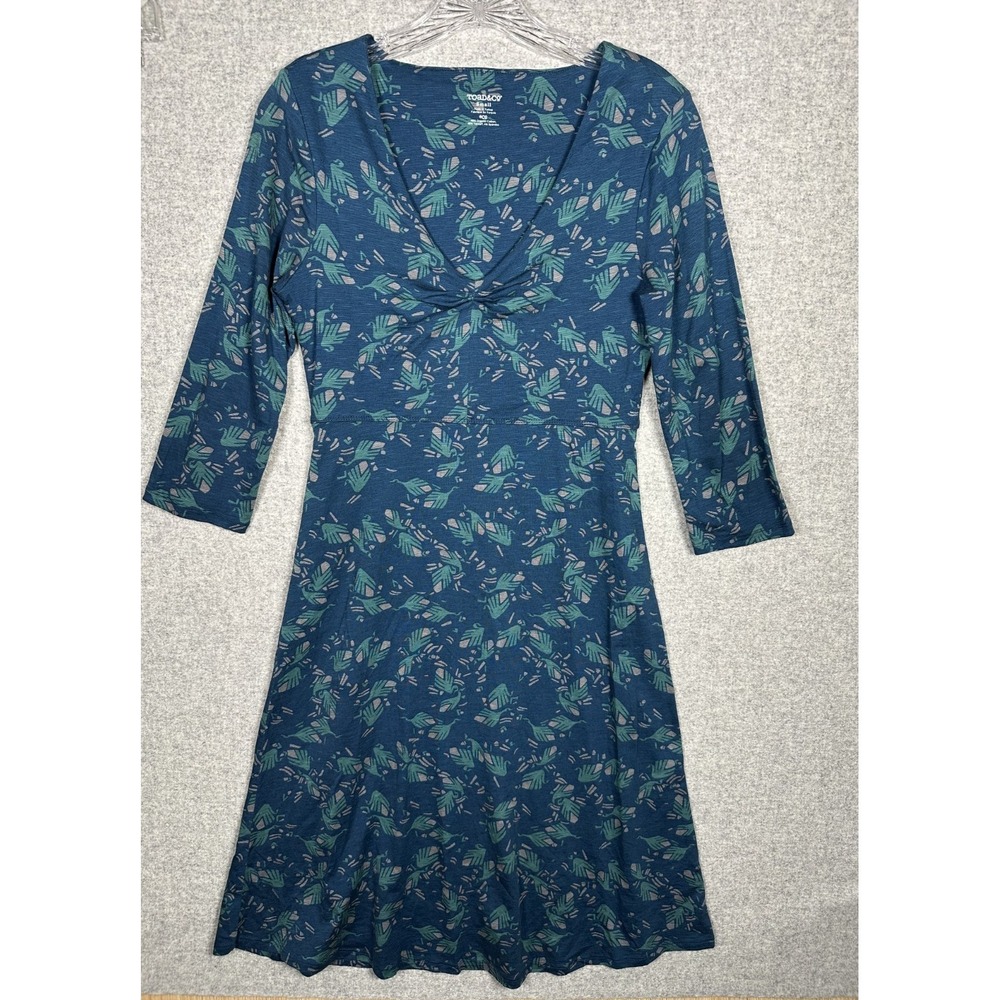 Toad & Co Small Dress Women Blue 3/4 Sleeve Floral V-Neck Organic Cotton Stretch - Picture 1 of 11